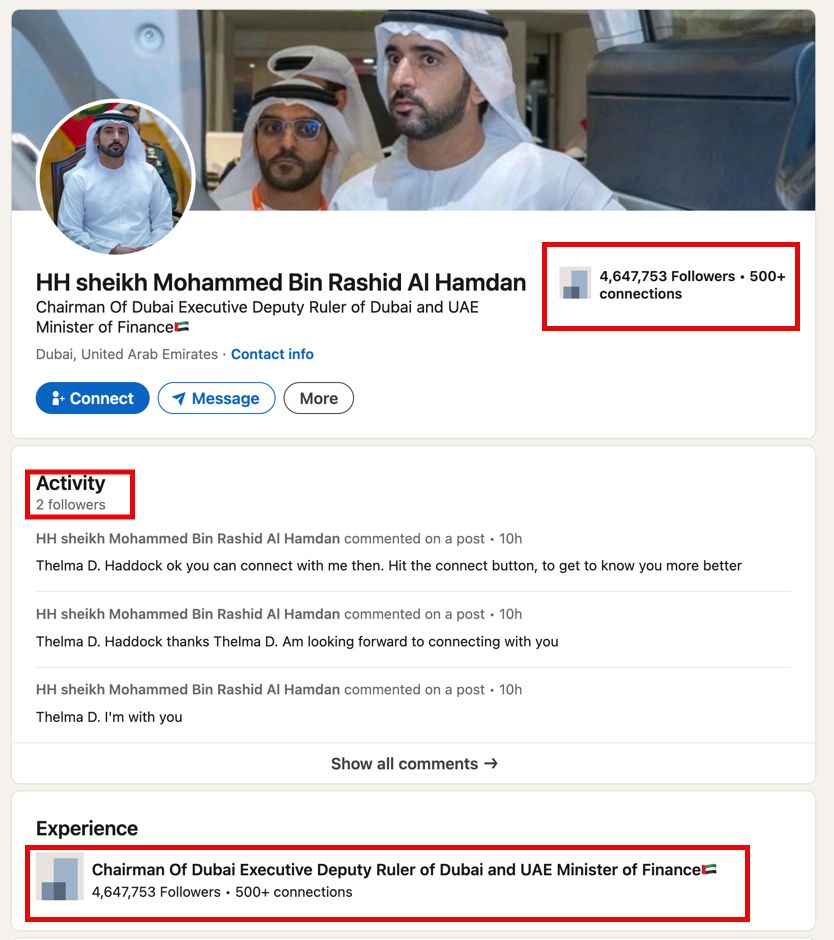 Screenshot of fake LinkedIn account showing how they managed to make their follower count look huge