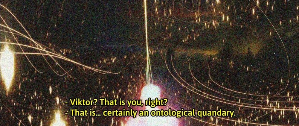 screenshot from s2e9 of the netflix/riot show 'arcane' where jayce talis is suspended in a cosmic state attached to the rest of piltover and zaun's population through viktor's golden tendrils in the final scenes of the show. his body is illuminated and glowing. the image is overlayed with dialogue text from the fanfic 'motion on a circle' by ao3 author runesick in the style of subtitles. the text reads: "viktor? that is you, right?" (next line) "that is... certainly an ontological quandary." 