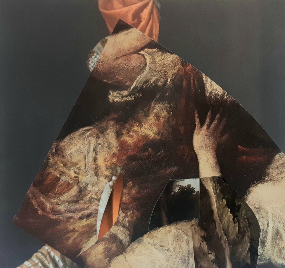 Collage of old master image fragments with a hand and pearls
