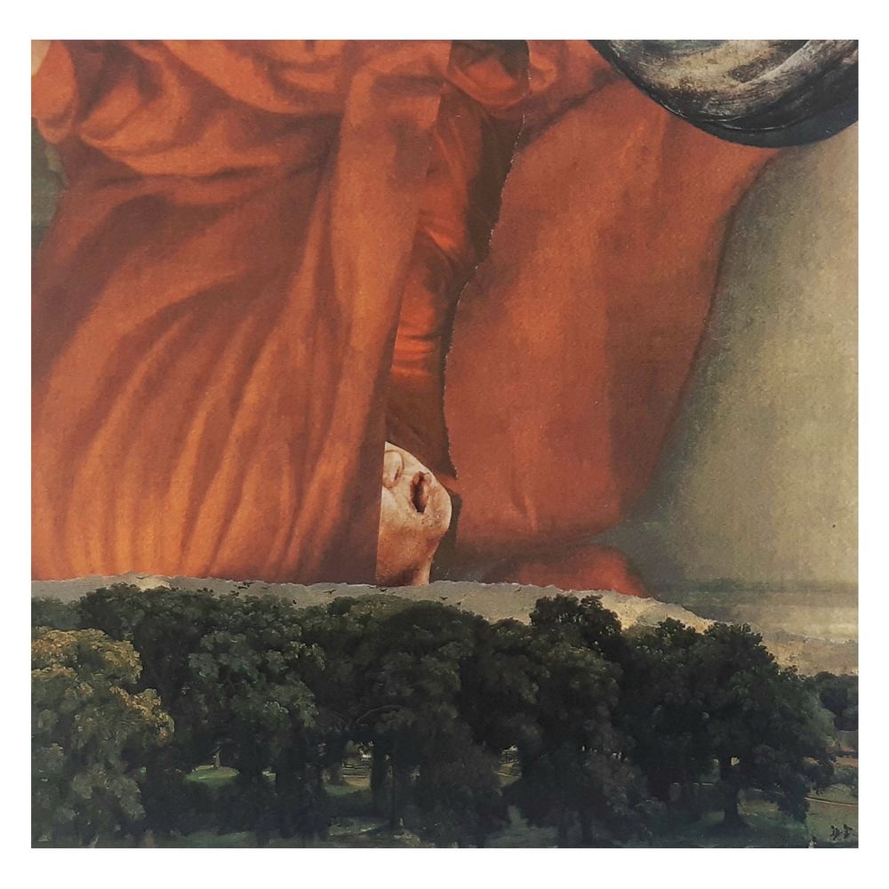 Collage using found images. Below, a fragment of painting by Constable featuring trees. Above, a partially hidden face withing a cascading red wall of cloth from the sky