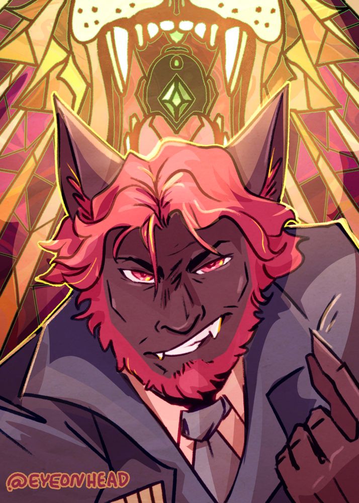 A stained glass portrait of @soitssara's character Damien standing in front of an open lion mouth while he leans in close and talks to the viewer with his own toothy smirk.