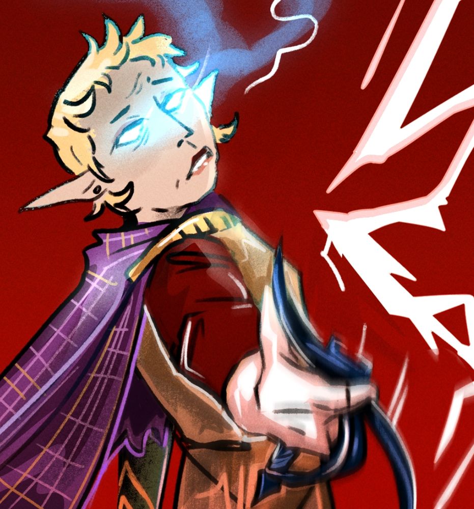 A sketchy digital illustration of Roenah, an elf woman with short blonde hair and white skin. Her eyes glow blue as she's posessed, and she wears gold armor and a purple cape.