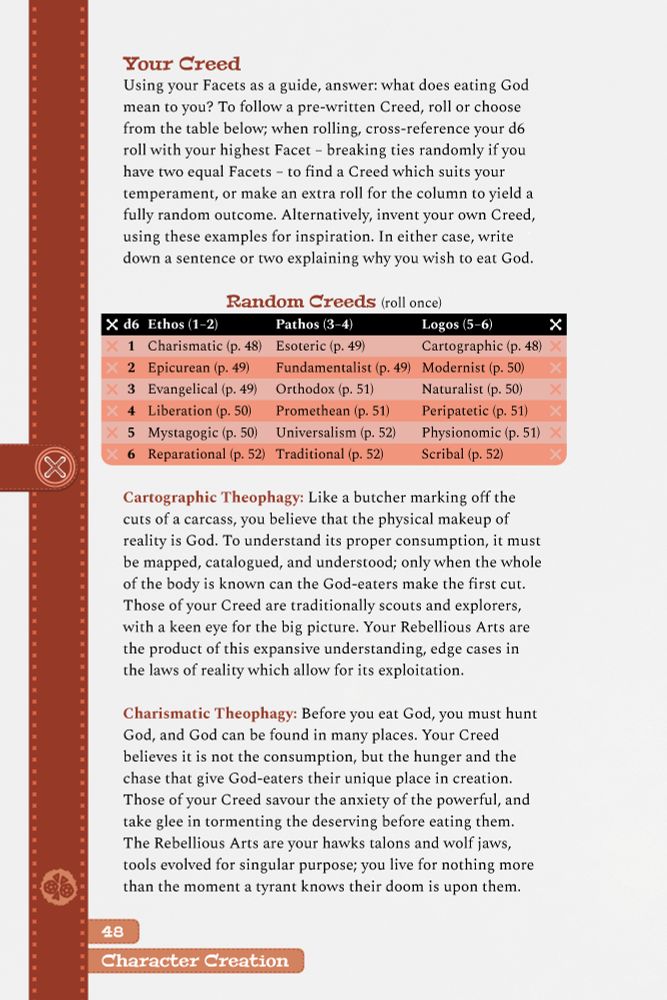 An excerpt from playtest draft 0.7.0 of "Eat God", titled "Your Creed". It includes an 18-entry table of random Creeds, followed by detailed writeups for the Creeds "Cartographic Theophagy" and "Charismatic Theophagy".