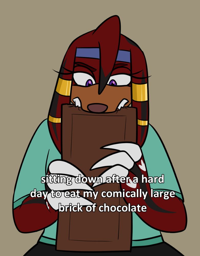 Drawing of Talus the echidna (Knuxadow fankid) eating a comically large chocolate bar, as tall as her torso.