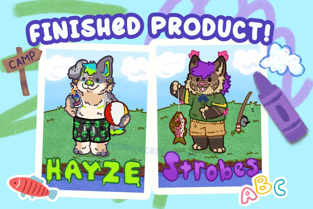 The image shows “photos” of the two characters from the first slide, now with their names ( Hayze and Strobes ) underneath with the text “Finished Product!” Above them 
