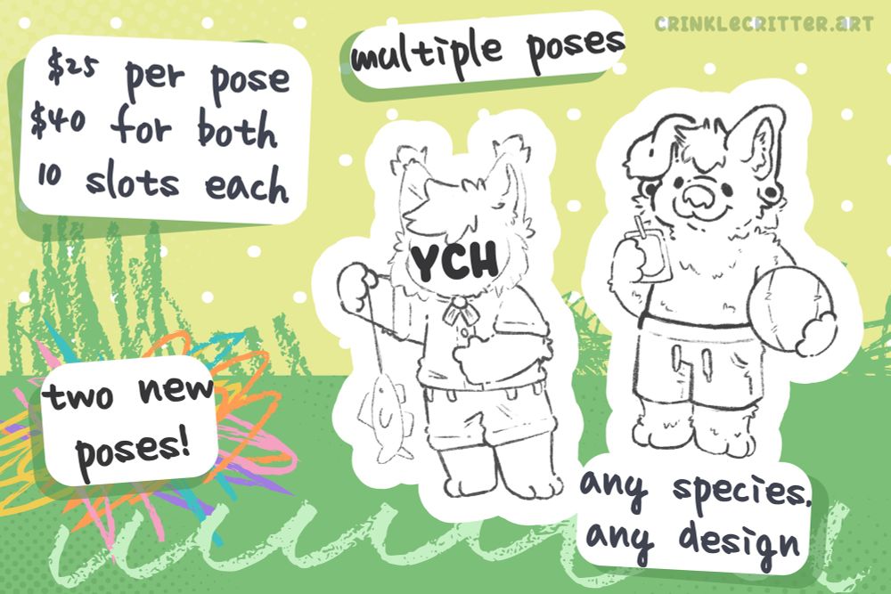 Sketches of two figures are in the center of the screen, surrounded with text that says “$25 per pose, $40 for both, 10 slots each” and “multiple poses” and “two new poses” and “any species, any design”