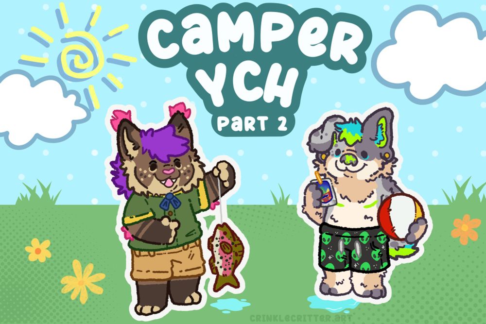 There are two characters standing in a field, one is a lynx holding a fish and wearing a camper uniform, the other is a dog in alien themed swim trunks holding a beach ball and capri sun drink. 