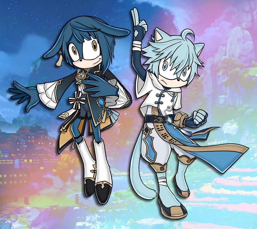 Cursed image of Xingqiu and Chongyun stylized in Sonic Adventure style parodying the game's cover art