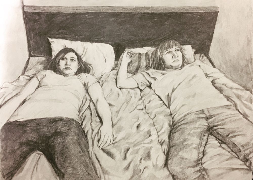 a drawing two people laying in a bed staring at the ceiling. they are not touching or smiling.