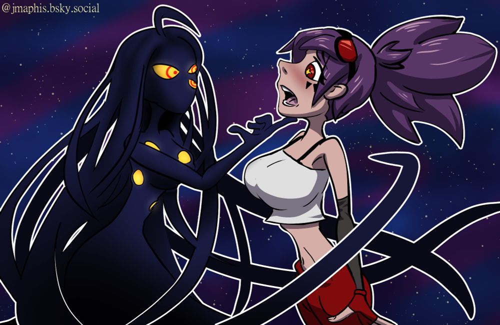 The overseer (a shadowy cosmic entity) looking in to the eye's of Roxy (a purple haired girl in a tank top)