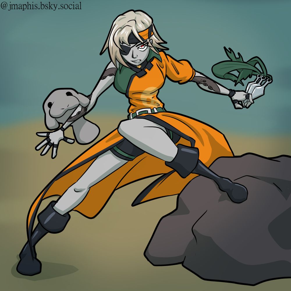 Kaia (a grey skinned pirate girl) underwater, in an action pose. in her left hand she's holding 3 kunai, with her right hand she's holding back her manatee friend protectively.