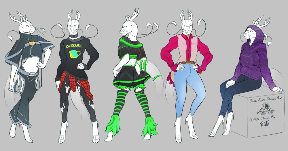 Five fashion drawings of Dev.

First pose: On left, left hand on hip, grey half-jacket with belts across its equator, a high collar, and a gold buckle. Geometric seams, and dangling straps at the side. Pants have cut-out outer thighs, hanging loops, and similar patterning with a low-cut waist under another gold-buckle belt.

Second: Black collar, Cheekface black band hoodie with green and yellow logo, dragonskull leggings, and a red flannel shirt around their waist hanging down. Left hand on hip, front facing.

Third Pose: Facing away, to the left, back towards viewer with left forearm rested along hip. Cowled halter top in black with bands of toxic neon green. Same color green on bands on tail, stripes on stockings, edge of a short pleated skort, and tufts of fur at the ankles and bottom of the leggings of the skort.

Fourth pose: Both hands on hips, front facing. Jeans, burgundy belt, bright magenta, long-sleeved, ruffled shirt with collar. Baby pink vest over it, gold choker, bangle on left wrist, and ring on left middle finger and right pinky. Silver ring on right index and left ring finger. Ruffled tail band with same baby-pink, wide band around it.

Fifth pose: Sitting, legs crossed at the calves, with right hand in lap as pose faces left. Purple, swirl-patterned hoodie with light patterns and marks of star-like glitter. Black to navy blue leggings with same glitter effect. Hood up. The cube Dev is sitting on has place for artist attribution for both the poses and outfits, with poses by Amber and outfits by Ruth.