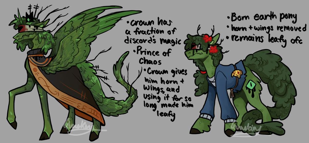 leshy from cult of the lamb drawn as a pony from my little pony. On the left is him drawn as an alicorn with his crown, and on the right as an earth pony without his crown