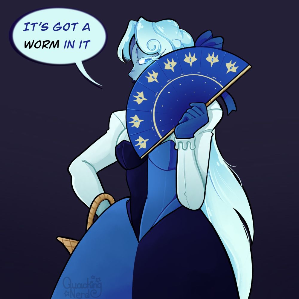 Lady in Azure, aka shadow milk cookie in a feminine disguise, with one hand on her hip and the other covering half of her face with a hand fan. She is facing sideways, looking down and to the right, telling someone off screen "it's got a worm in it."