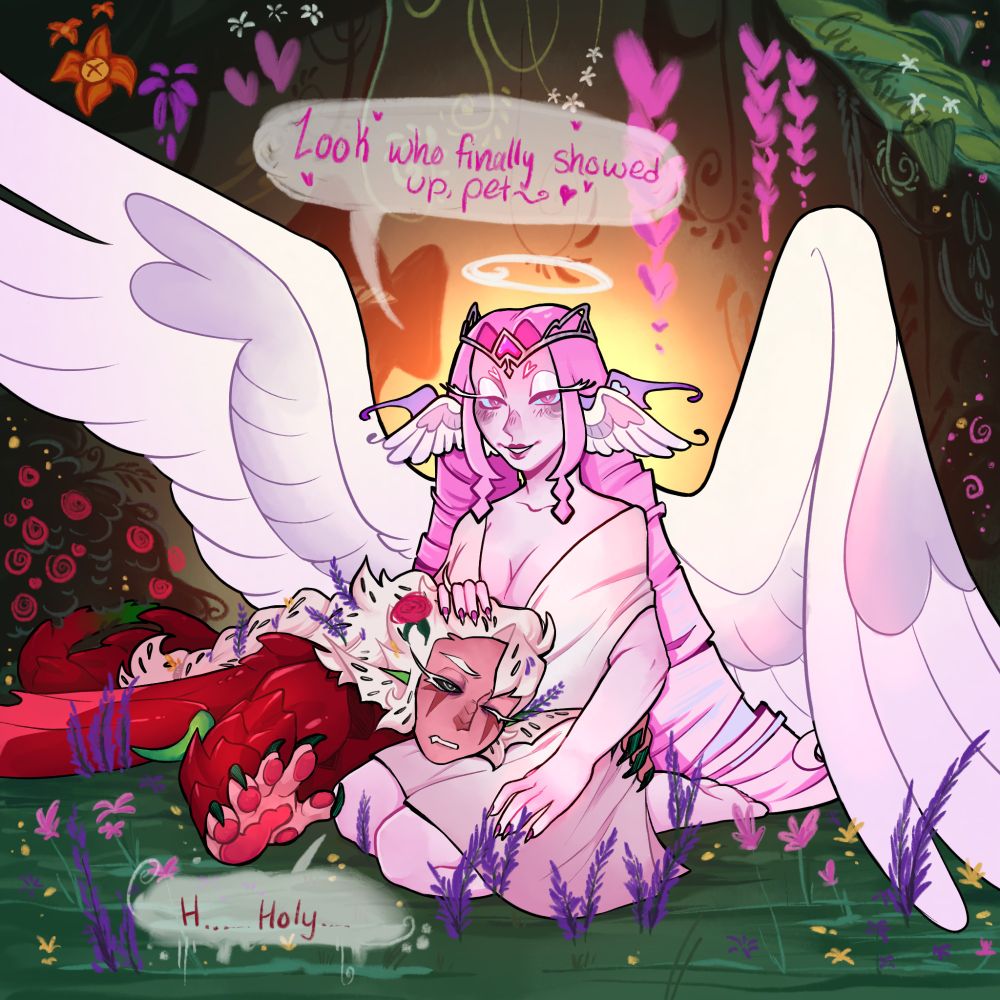 Eternal Sugar on her knees with Pitaya Dragon laying their head on her lap. She seems to have braided and put flowers in Pitaya's hair while waiting for Hollyberry Cookie. Eternal Sugar is saying "look who finally showed up, pet~" while petting Pitaya, while Pitaya reaches towards the viewer saying "H... Holly" with one eye open, seeming to struggle with staying awake. 

Both are surrounded by all kinds of dense foliage and flowers, and a radiant light seems to come from Eternal Sugar.