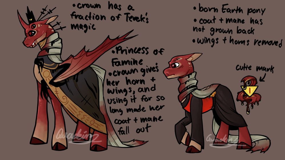 Heket from Cult of the lamb as a pony from my little pony. On the left is her bishop form. On the right is her follower form.