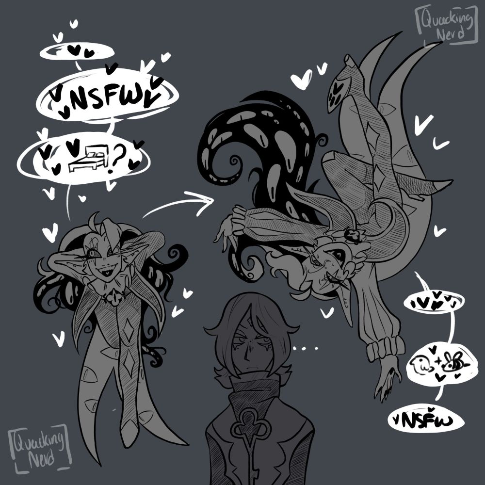 Shadow Milk floating around Truthless Recluse's head teasing him. No actual dialogue, only a multitude of hearts, a picture of a bird and a bee, a picture of a bed and a question mark, and two bubbles that say "NSFW" in them. 