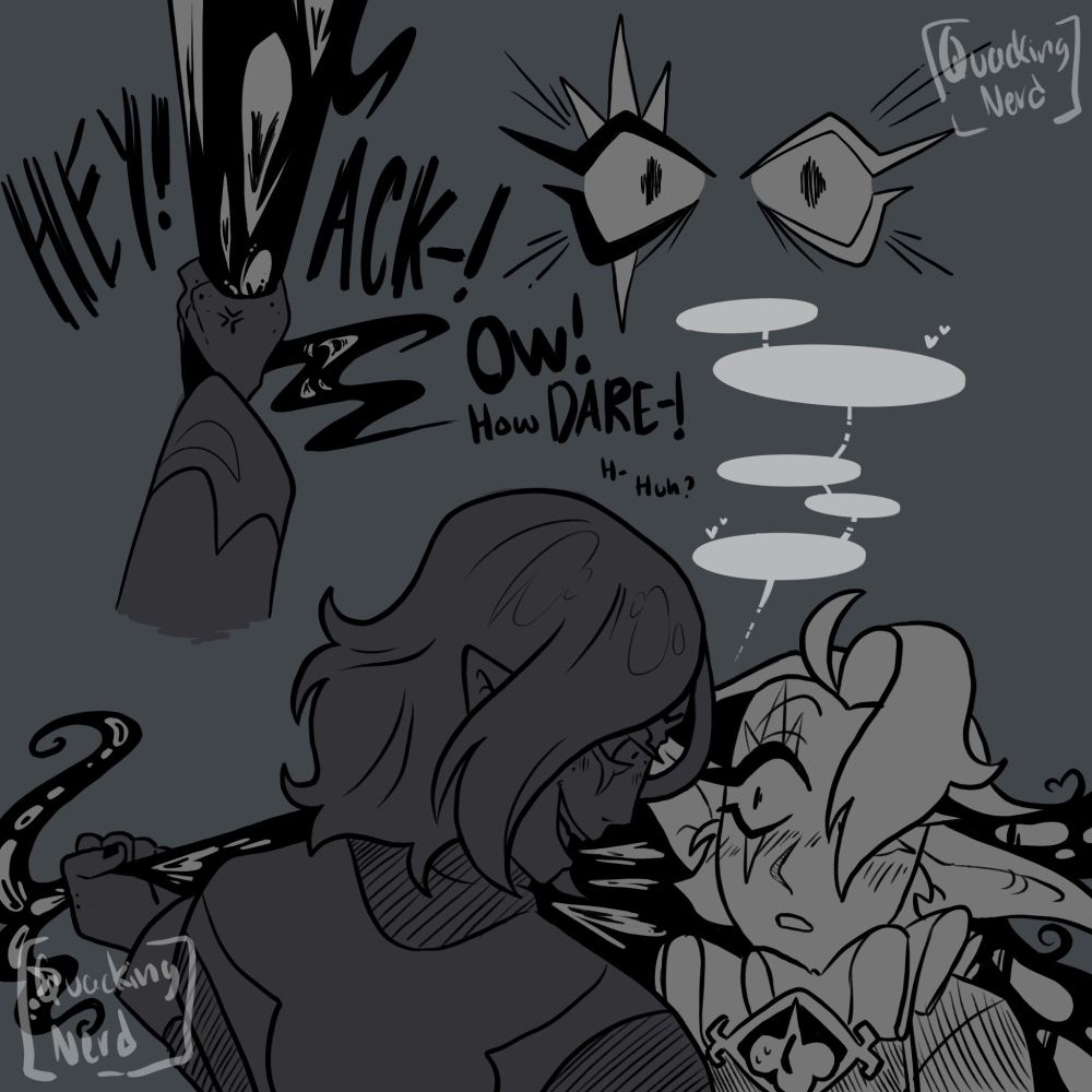 Truthless recluse pulls Shadow Milk down by the hair. "HEY! ACK_ OW! How DARE-! h-huh?" is written, coming from an offended Shadow Milk who only has his eyes shown. At the bottom is Truthless Recluse teasing Shadow Milk back, supposedly saying something either much dirtier or much softer, it is left up to interpretation, as Shadow Milk seems much more flustered than Recluse had previously.
