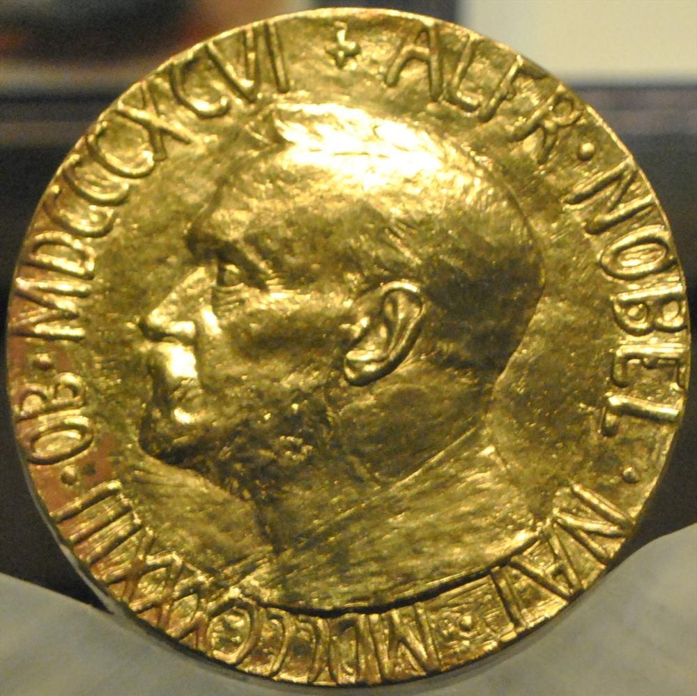 Color photo: close up image of the Nobel Peace Prize, a big golden medallion (resembles a giant coin). Alfred Nobel's face in profile has been stamped in the center.

📸: ProtoplasmaKid