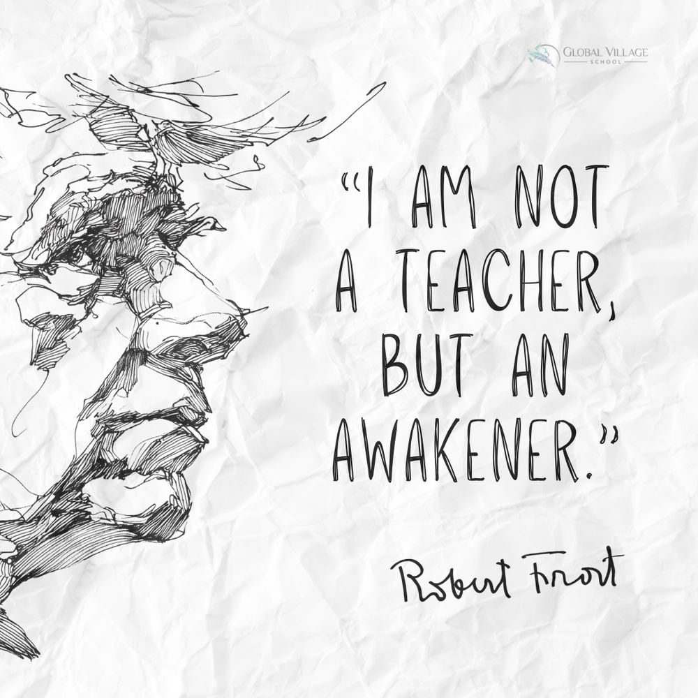 Black-and-white image: Crumpled white paper background featuring a hand-sketched face of a clean-shaven man on the left in profile. On the right, the text reads, "I am not a teacher, but an awakener." – Robert Frost.

📸: by GVS using MidJourney & Canva