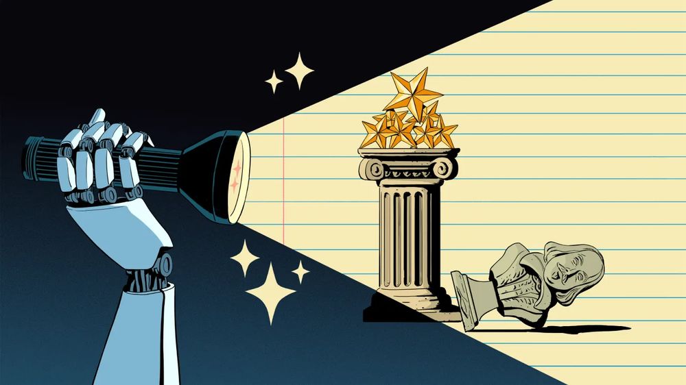 Color illustration: At the left of the image, a robotic hand in cool blues over a dark background points a flashlight toward the right side of the image, casting its light on a Corinthian column topped with golden stars, while a bust of Shakespeare lies on the ground beside it. The lit up background within the light's beam resembles lined notebook paper.

📸: Chuan Ming Ong for Edutopia