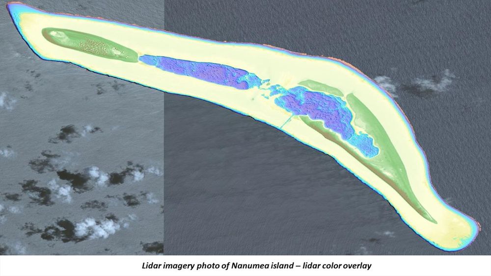 Color image: Nanumea Island, a long, slender island vaguely shaped like a boomerang, painted with pastel hues to indicate its topography.

Source caption reads: LiDAR imagery photo of Nanumea Island -- LiDAR color overlay.

📸: TCAP