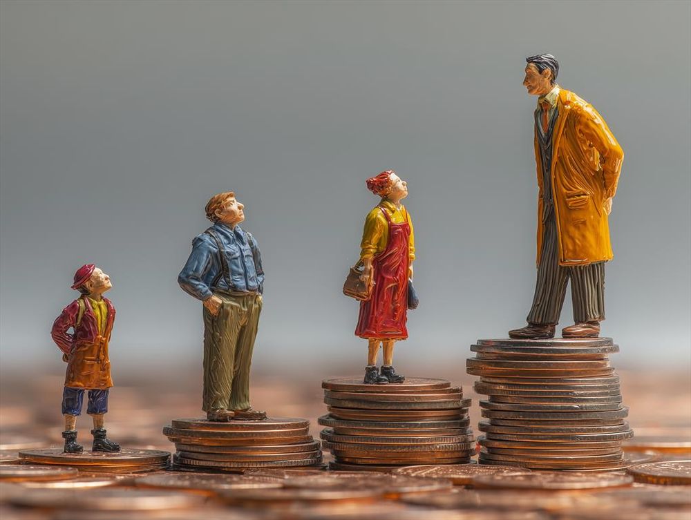 Color image: Three miniature figures (the kind you'd see waiting for a model train), each standing on a penny, look up wistfully at the fifth figure: a rich man in a trench coat and pinstripe suit on a much larger stack of pennies.

📸: Made w/ MidJourney