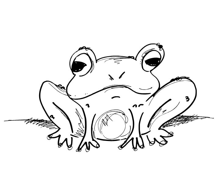 Black-and-white drawing: a minimalist, somewhat cartoony sketch of a seated frog i(n black ink on a white background) looking directly at the viewer.

📸: John Kelly