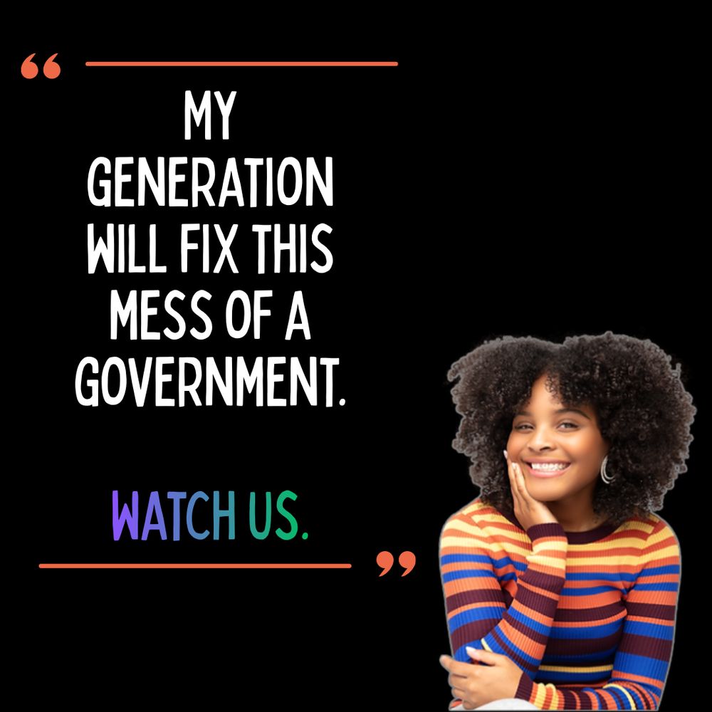 Color graphic: Smiling person in a colorful striped sweater (Mari Copeny), resting their chin on their hand, overlaid on an all-black background. Beside them, bold text reads: "My generation will fix this mess of a government. Watch us."

📸: Mari Copeny (source photo)