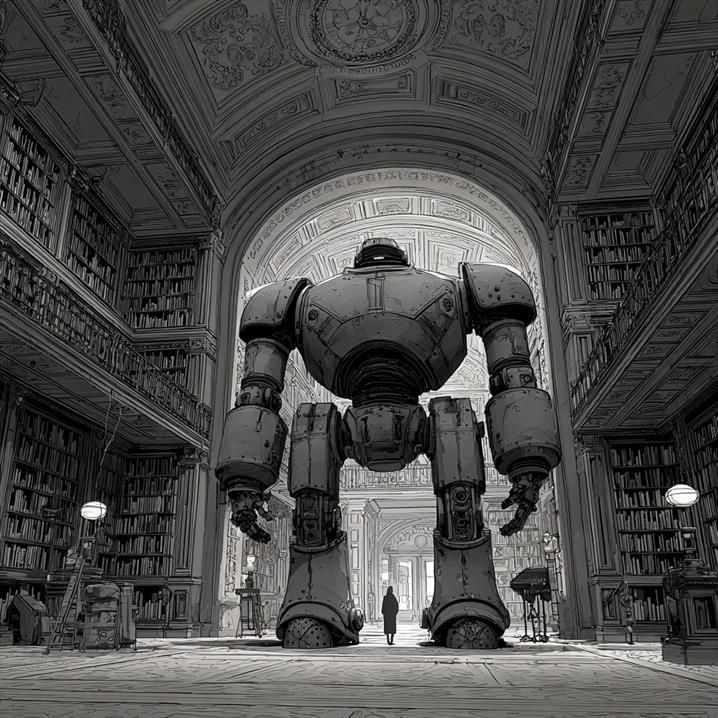 Black-and-white drawing: pen and ink sketch of a massive robot sentry standing silently in the atrium of an enormous library while a tiny human figure in silhouette gives it the once over from between the robot's feet.

📸: MIdJourney