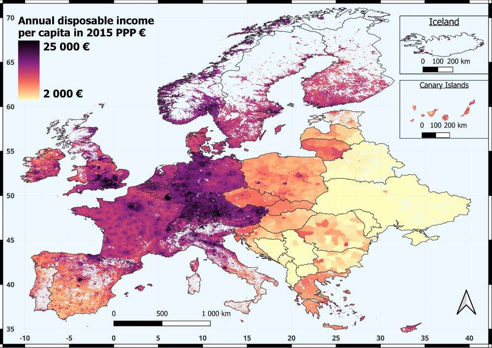 1km grid disposable income per capita in Europe for 2015