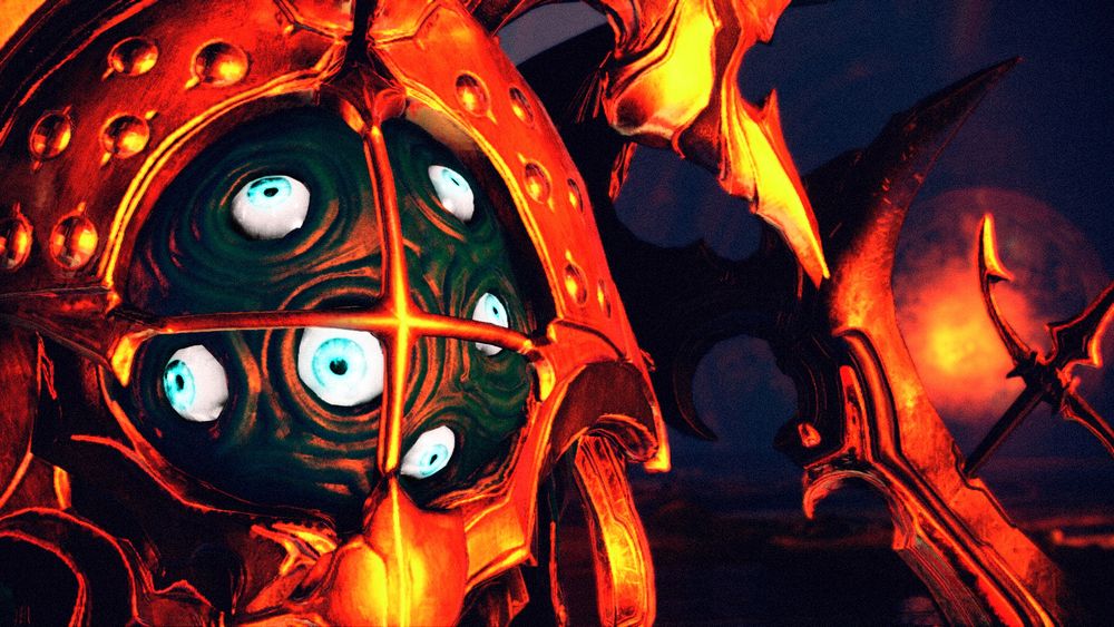 6 lidless eyes stare wide at everything whilst being surrounded by gold armor lit bright red by smoldering fires.