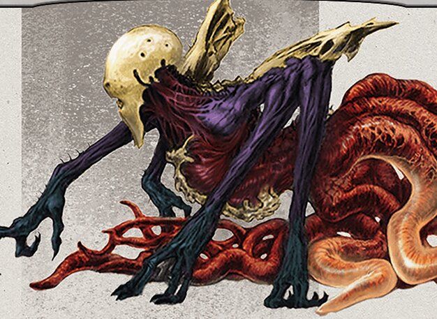 Ulamog, one of the Eldrazi Titans drags himself across the ground. He is a person shaped creature made of sinewy red flesh and etched with bone plates and spines. His head is a solid piece resembling a mask or helmet. His arms fade into a purple tone with an extra forearm branching off at the elbow. Each hand split further down between the middle and ring fingers unnaturally long. From the waist down Ulamog is a knotted mass of tendrils, each as thick as his torso.