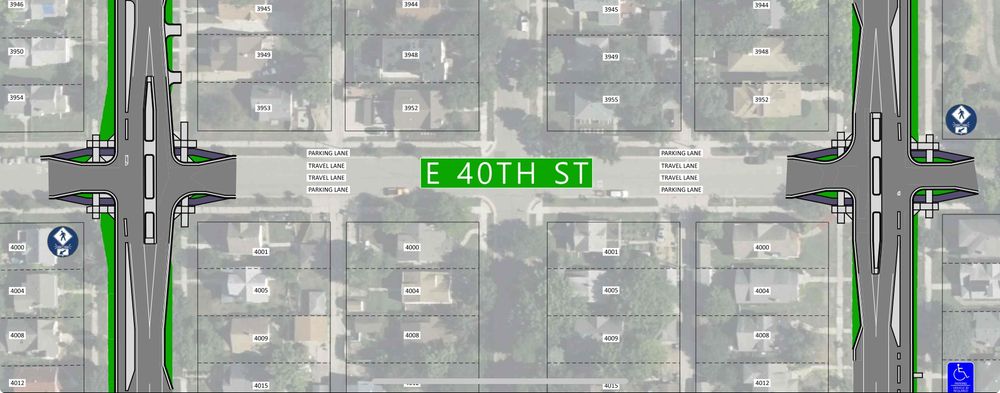 A screenshot of the Hennepin County Park and Portland Safety Improvements Project approved layout showing closed medians added at E 40th Street.