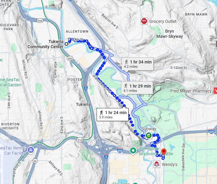 A google terrain map showing the walk route between the two locations