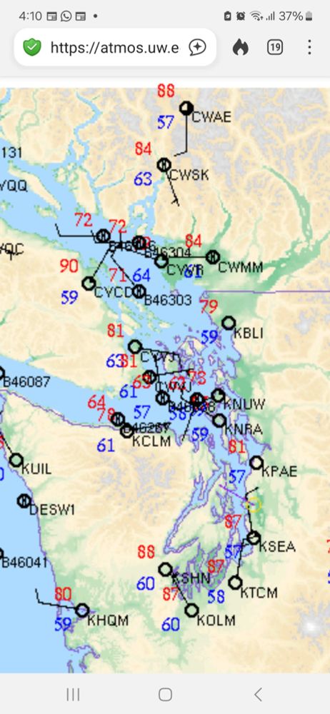 A zoom image of the greater Salish Sea and Puget lowlands area weather stations. Water is blue, land is mostly ecru. 