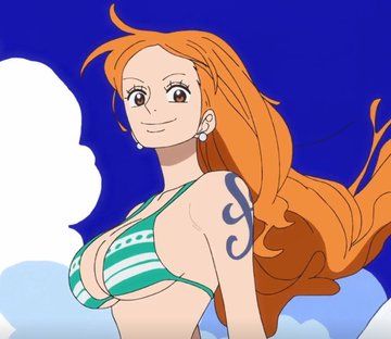 A woman, Nami from "One Piece" is looking at the camera