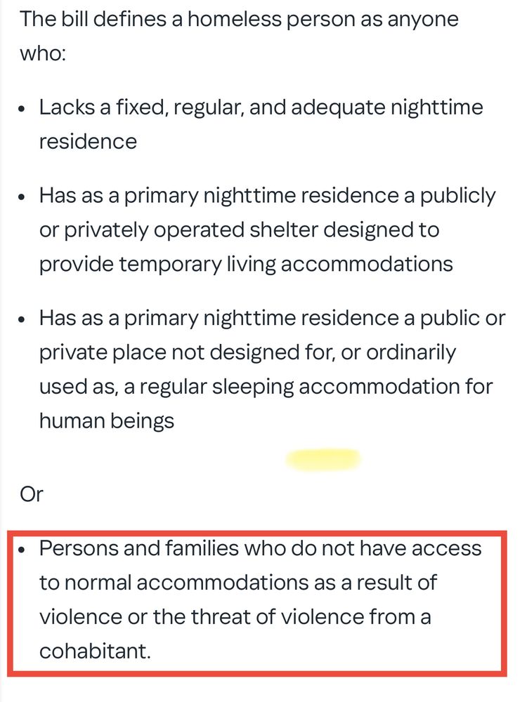 Definition of homeless person from proposed bill. The last bullet point is anyone experiencing homelessness due to domestic violence