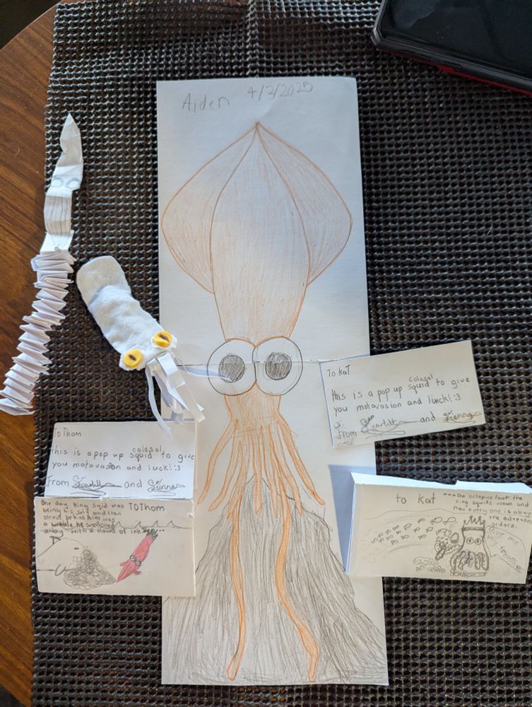 Some of the fan art we have gotten from guests. Drawings and stories about squid and fish. 