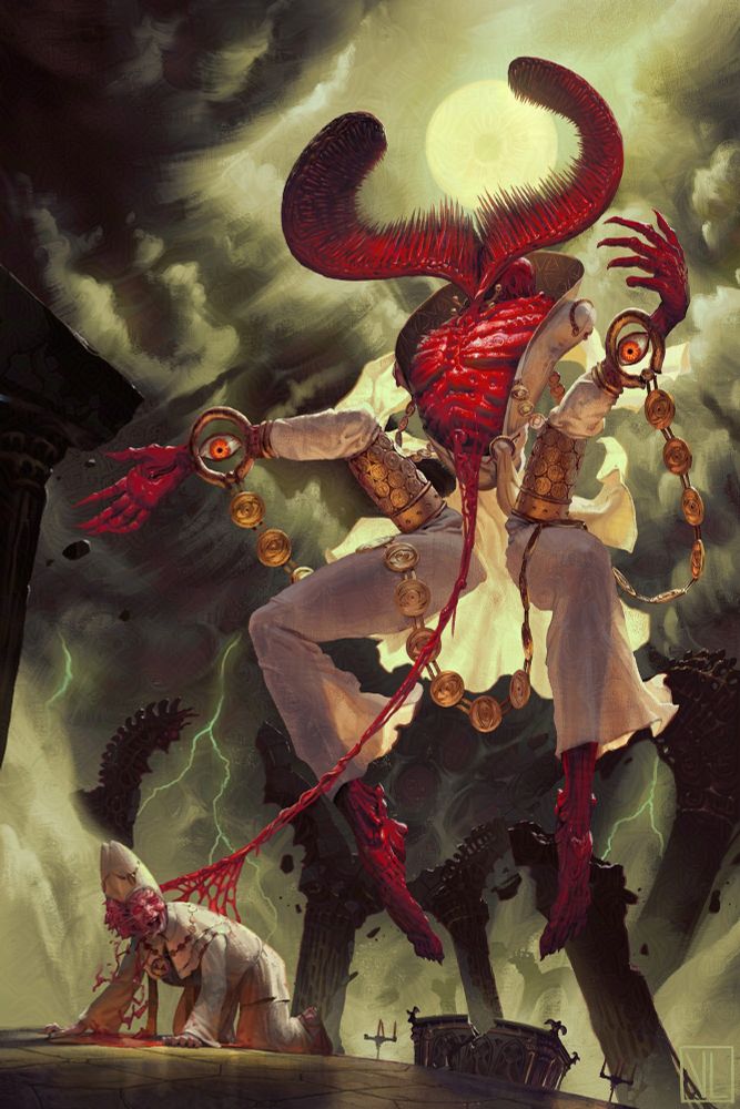 A priest on all fours in the foreground, attached by a fleshy string to a massive, red, Lovecraftian god clothed in white and gold (like Elvis), which floats above a shattered church.