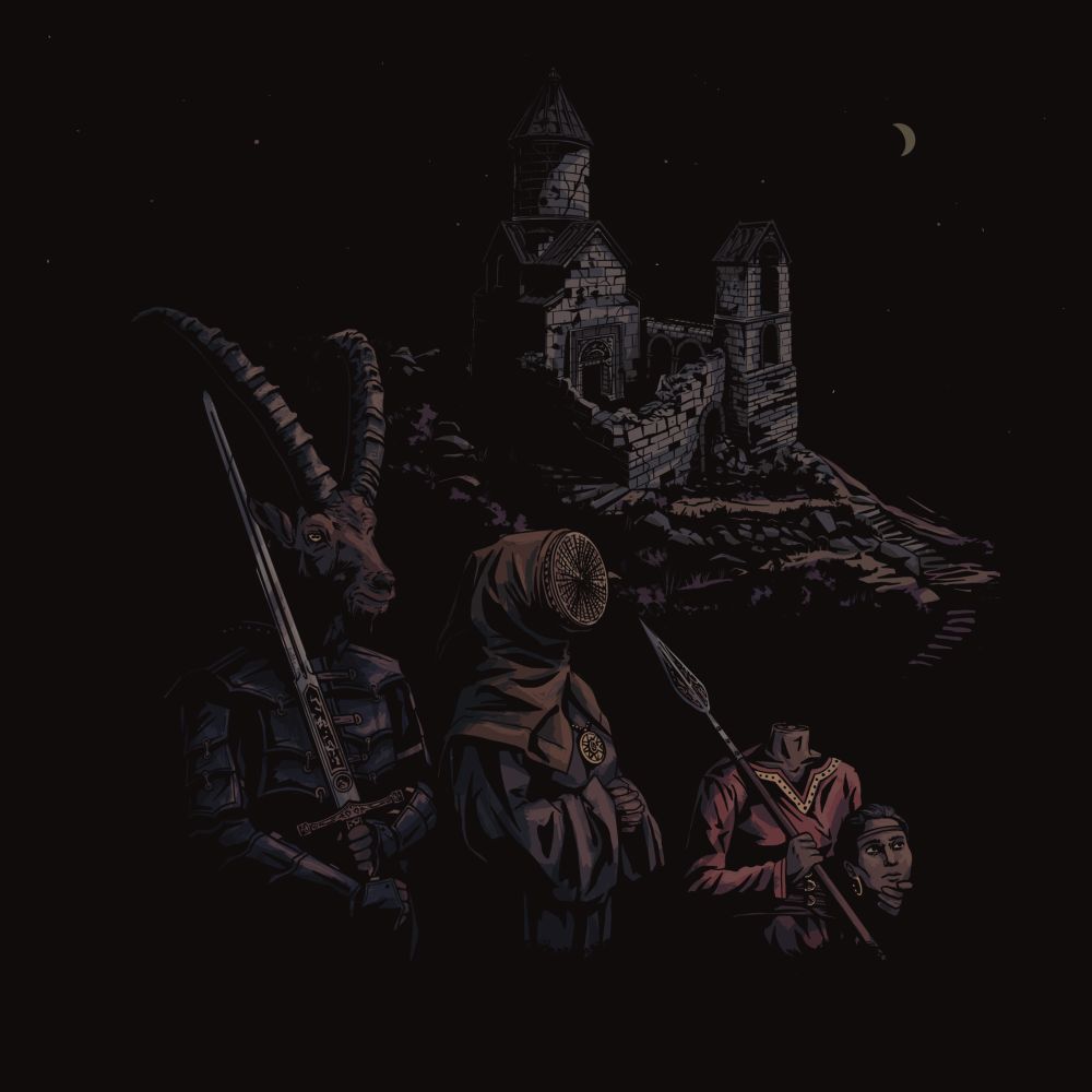 Three adventurers stand in front of a ruined castle: 
One in a dark armor with a decorated sword in their hands. They have the head of a Capricorn set on their shoulders instead of a humanoid one 
One in the cloth of a medieval bee keeper with the basket mask
The third one is a spear maiden with their head off their shoulders, holding it in their one hand while shouldering a spear with the other
It’s colored with dark and nightly colors 