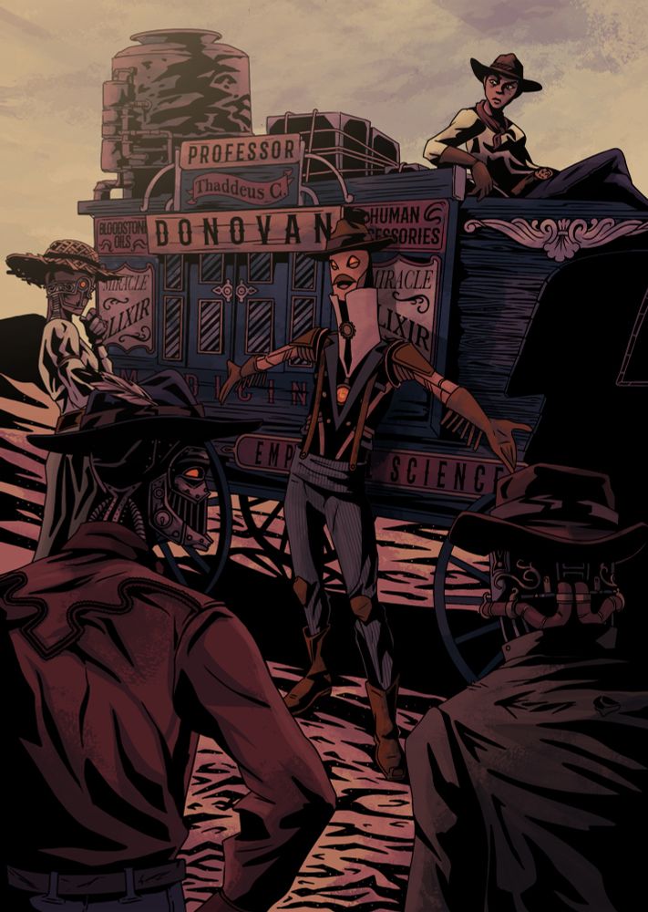 A group of robots stand around a snake oil trader (who is also a robot) 