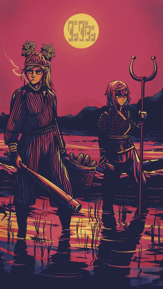 An illustration of Seiko and Momo from DanDaDan walking through a rice field, armed with a bat and some kind of mancatcher stick. 
Both are looking around and Seiko holds a basket with pickles to lure out a kappa.
Oversaturated version in red, blue and yellow 