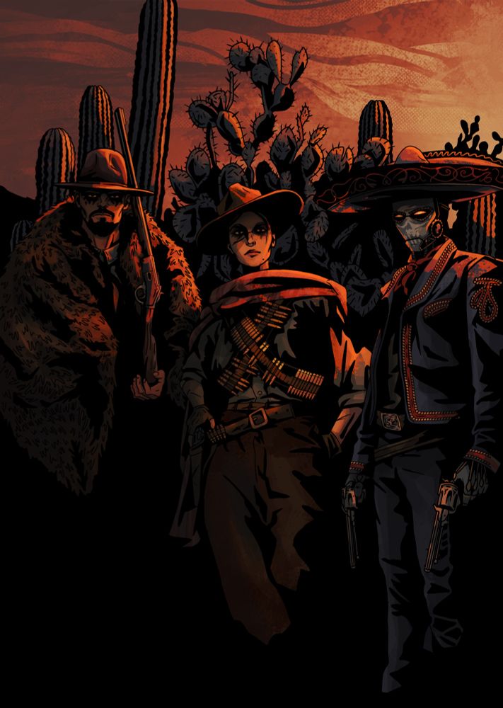A group of outlaws in a cacti field 