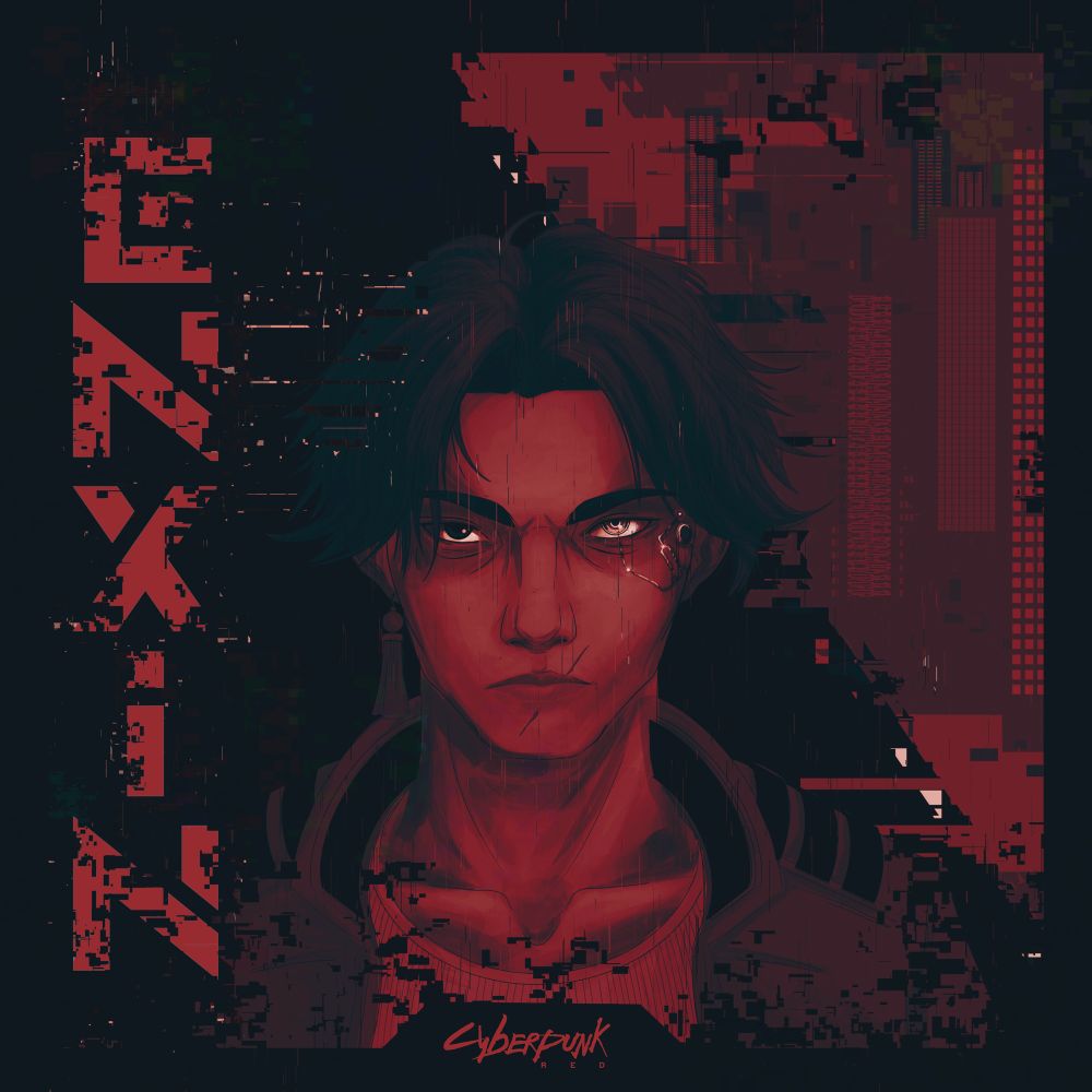 A portrait illustration in red and dark anthracite of an Asian looking young man with a bionic eye and a scar on his lower face. The whole piece is glitched. His name is written in strong letters on the left: ENXIN