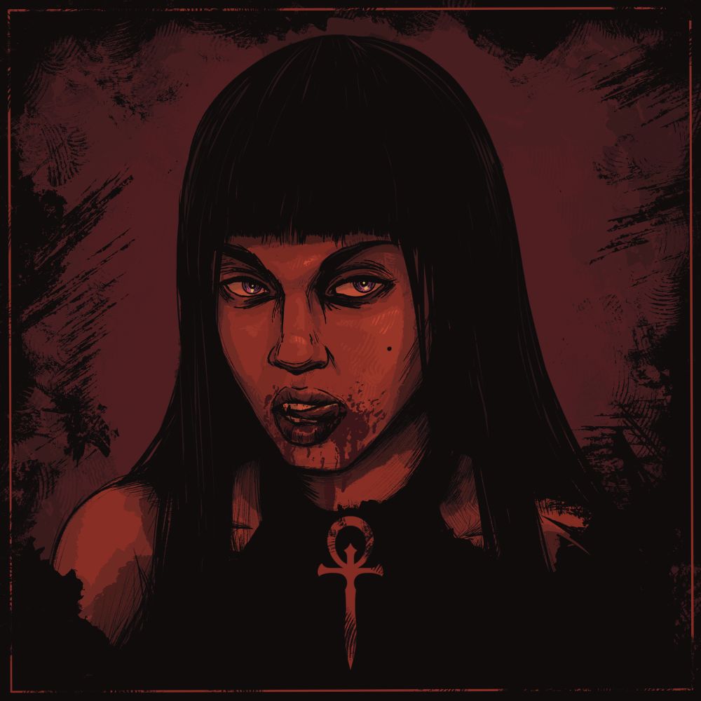 A portrait illustration in black and red of a vampire with long black hair 