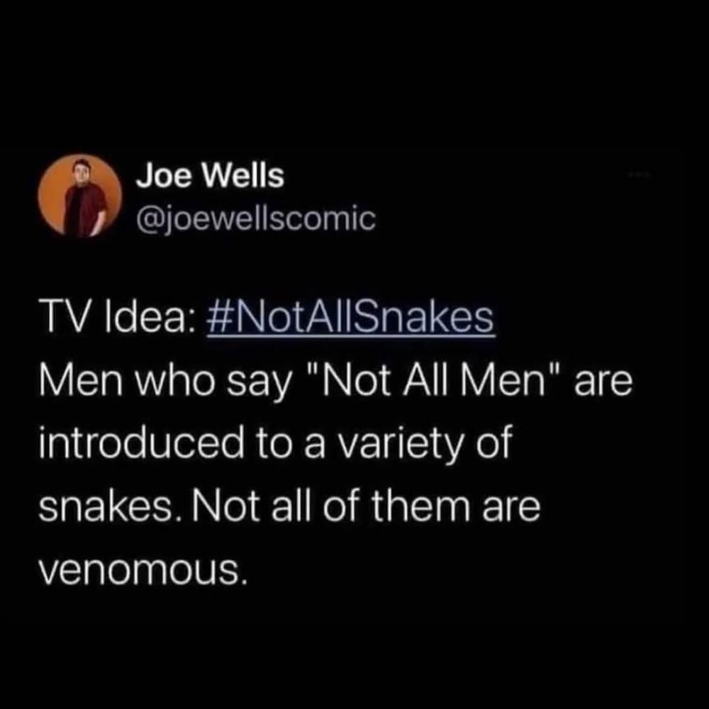 TV Idea: #NotAllSnakes. Men who say "not all men" are introduced to a variety of snakes. Not all of them are venomous.