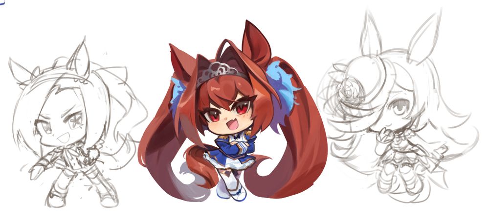 2 character sketches and one partially painted character. First sketch is Bakushin holding her hand out in a strong pose with a big smile. Second is Scarlet Daiwa in a slightly smug pose. The last is Rice Shower sitting cutely and smiling