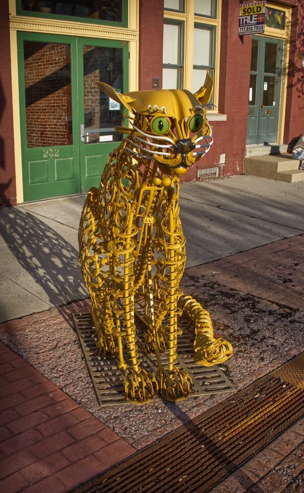A large skeletal metal cat crafted from random scrap metal, gears and horseshoes, all painted yellow, sits astride the sidewalk ... silently purring at passers by