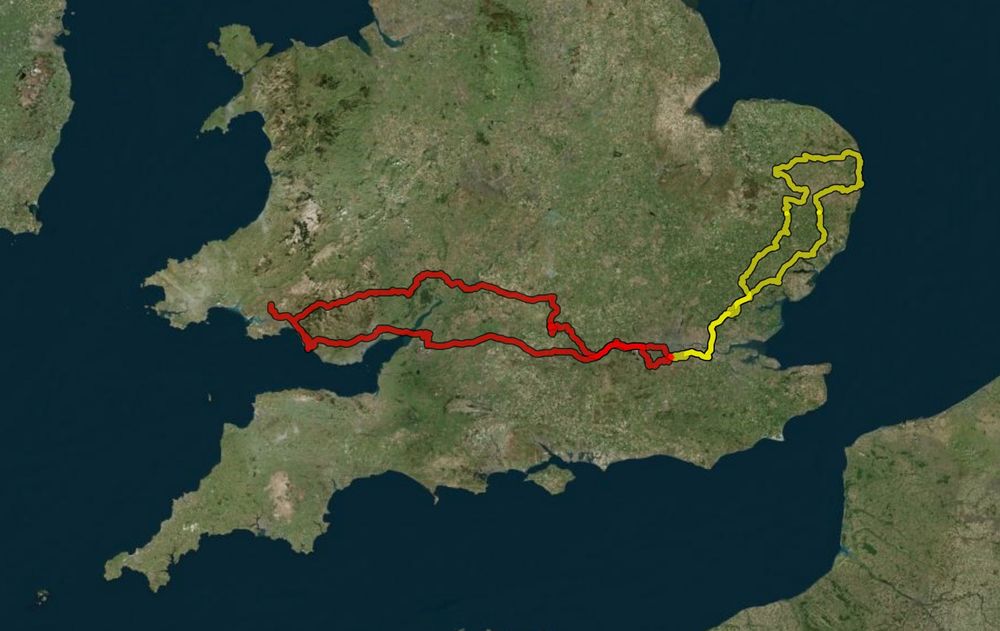 Aerial imaged of the southern half of Great Britain showing a yellow line for my trip to Great Yarmouth on Saturday, and a red line for today's trip to Porthcawl.